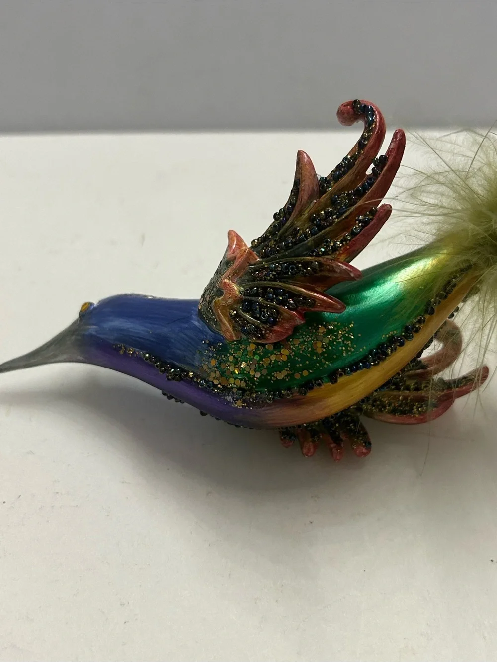 Iridescent Bird Ornaments Hummingbird with Feathered and Beaded Tails Vintage